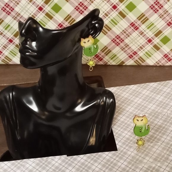 Home Made Handmade Wood & Metal Green & Yellow Button Earrings #40 - Picture 10 of 10